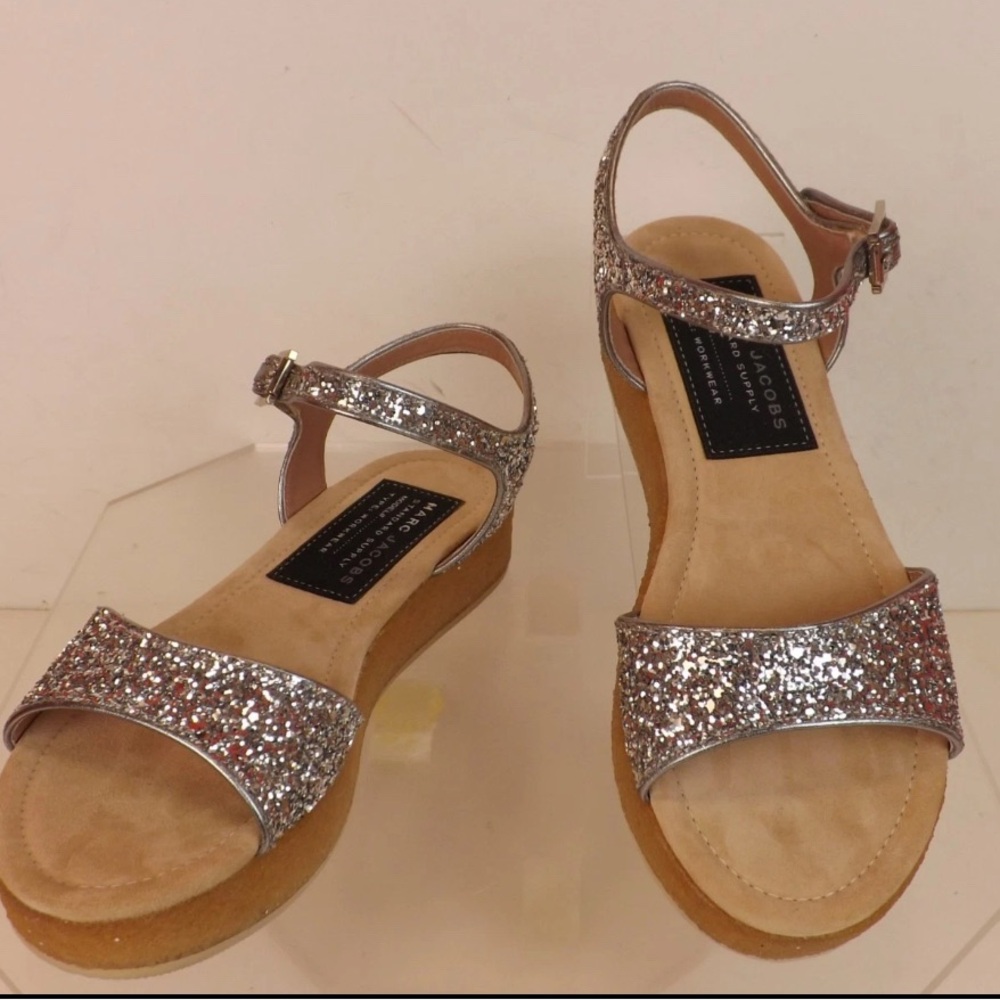 Marc Jacobs silver glitter ankle strap mini platform sandals 37